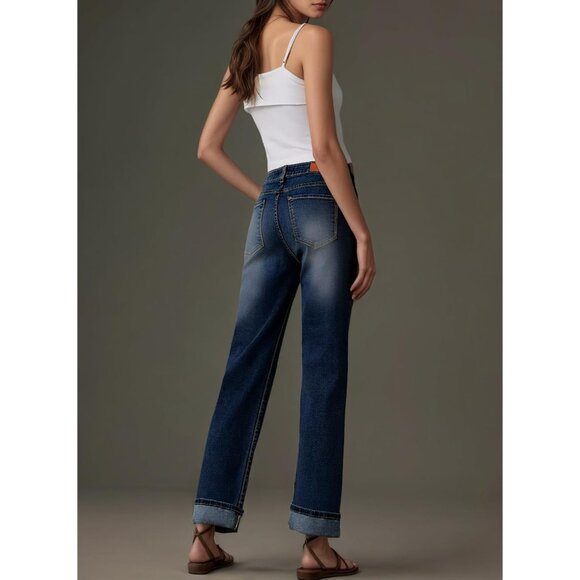 Women's Wide Leg Cuffed Jeans High Waisted Baggy Stretchy Denim Pants - Picture 4 of 6